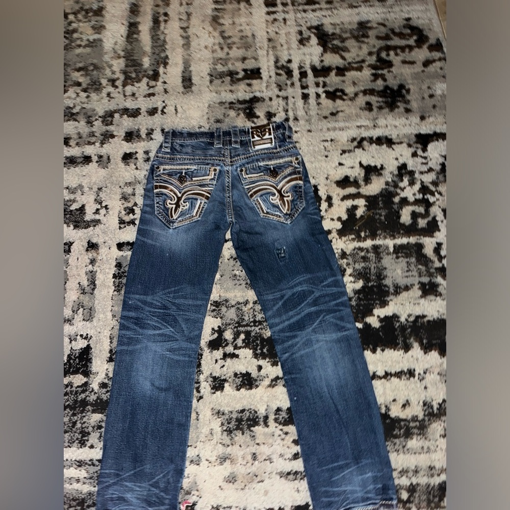 Rock Revival Blue Straight Jeans with Decorative Stitching